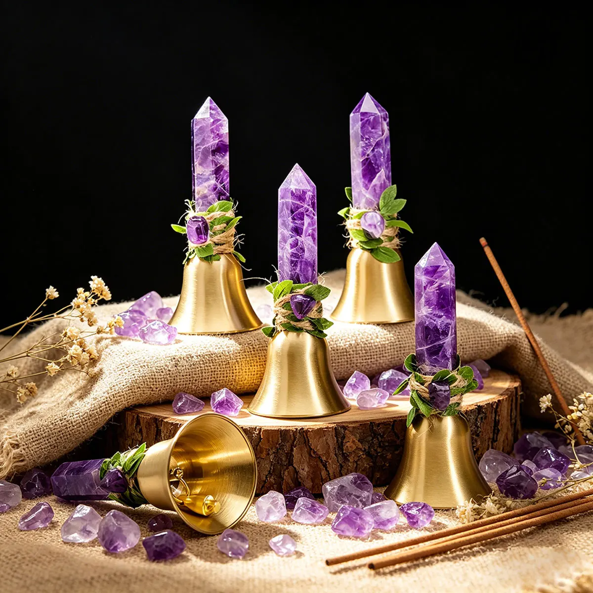 1 pc Natural Amethyst Single-Pointed Crystal Bell Ornament – Home Desktop Christmas Decoration, Pet Calling Bell