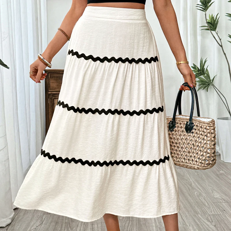 Casual Striped High Waist A-Line Skirts Women Street Style Loose  Mid-Calf Skirts 2026 Spring Summer Fashionable Pleated Skirt