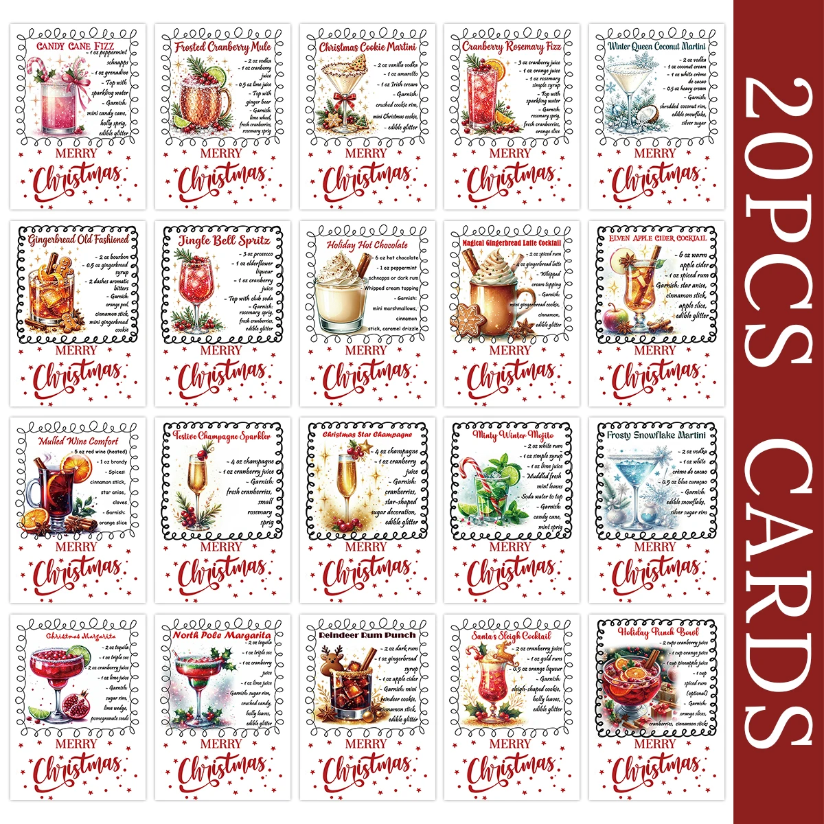 20pcs Christmas Cocktail Recipe Cards,Mixed Drink Making Guide Cards,Beverage Menu Card For Bar Decor,Xmas Dinner Party Supplies