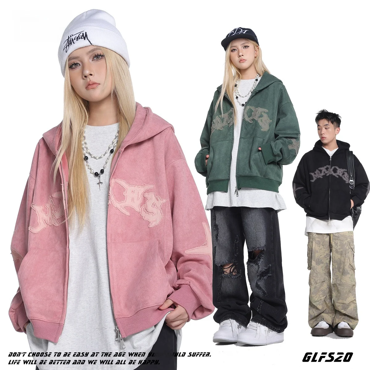

Loose American Letter Embroidery Patchwork Zipper Suede Sweatirt Hoodie Cardigan for Men And Women ort Sle Autumn Wear