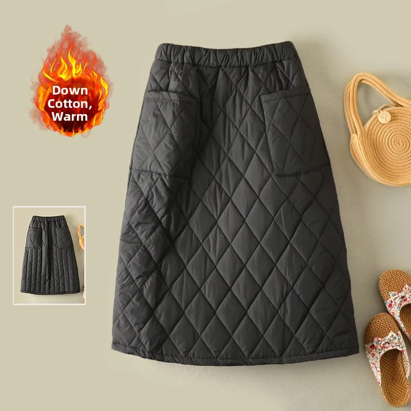 Warmth Lightweight down Cotton A-Line High Waist Midi Skirt Women Slimming Outerwear Long Dr Autumn Winter Faion Commute
