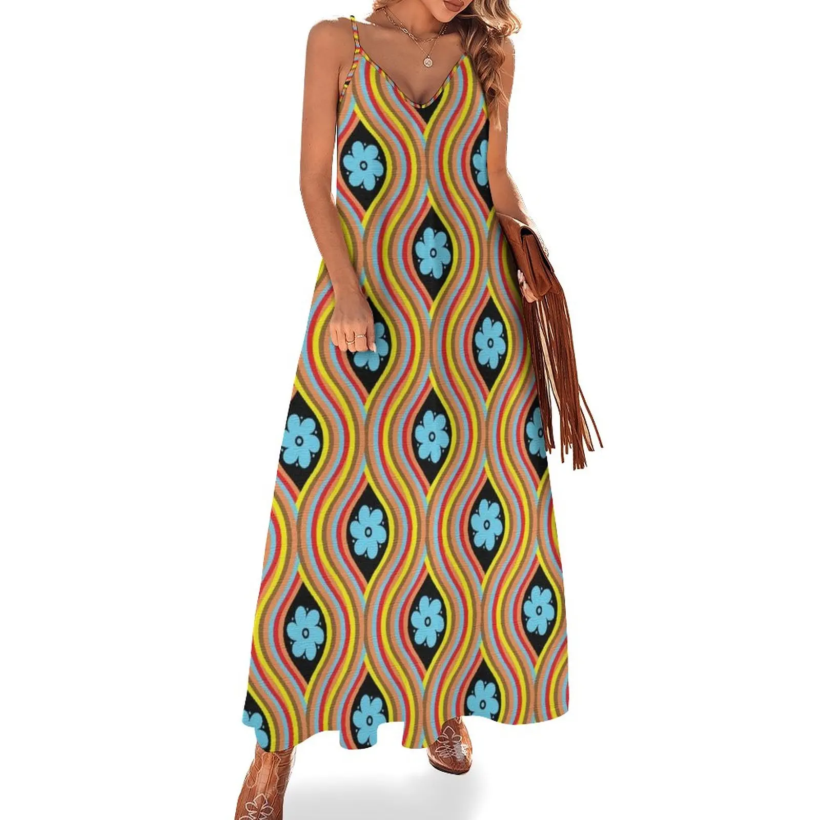 

1970s Retro Vintage Hippie Bohemian Flower Power Festival Sleeveless Dress festival outfit women