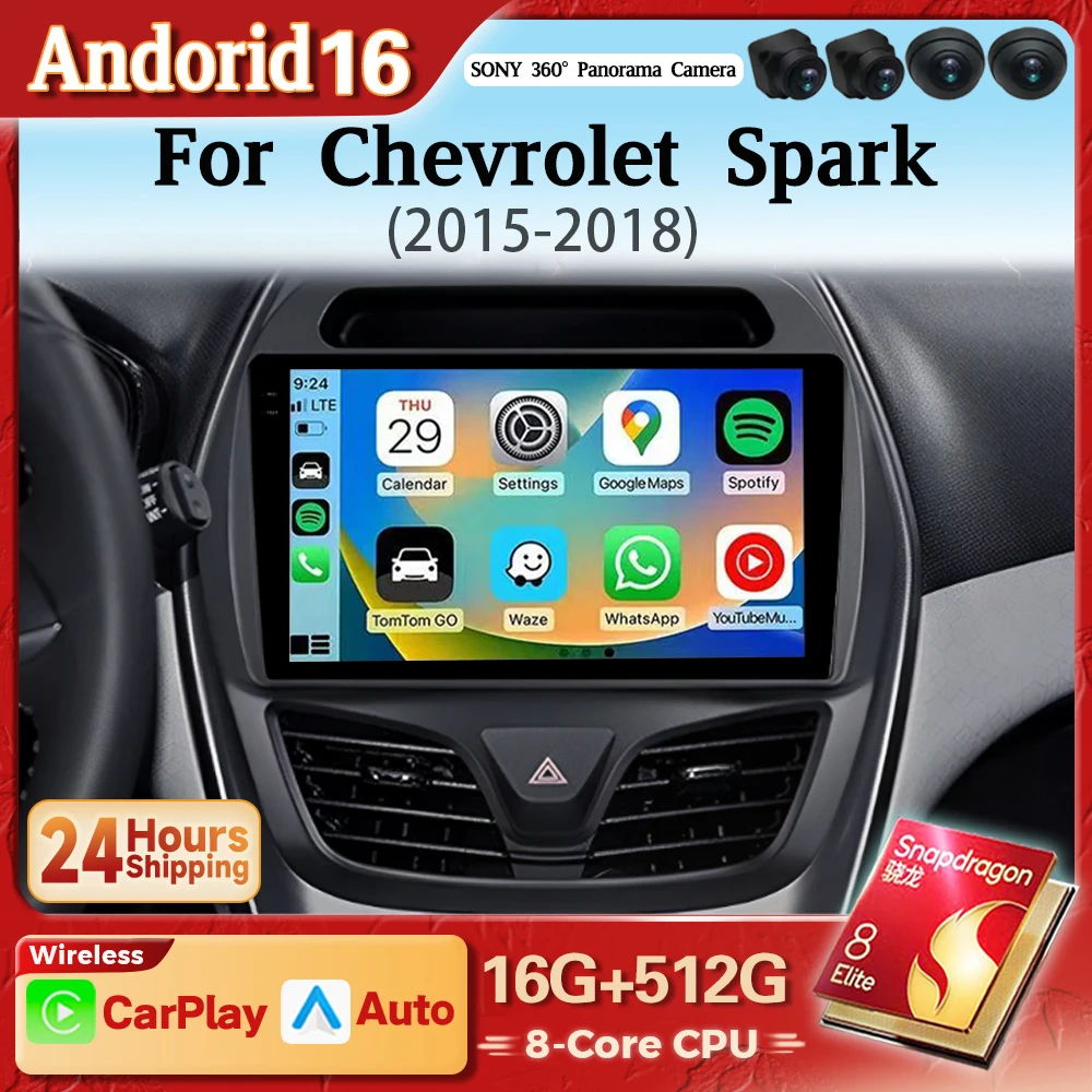 Radio Multimedia para Auto con Android 16, Carplay, WIFI+4G, BT, para CHEVROLET Spark Beat 2015-2017, Autoradio Estéreo Snapdragon
