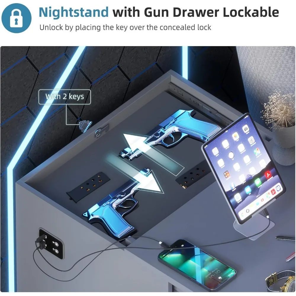 LED Nightstand with Gun Drawer, Modern Beside Table with Charging Station, Auto Sensor 3 Color Dimmable Night Stand