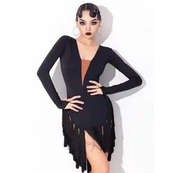 Women Long Sleeved Practice Clothes High-End Latin Dance Competition Clothing Sexy Latin Dance Fringed Dress