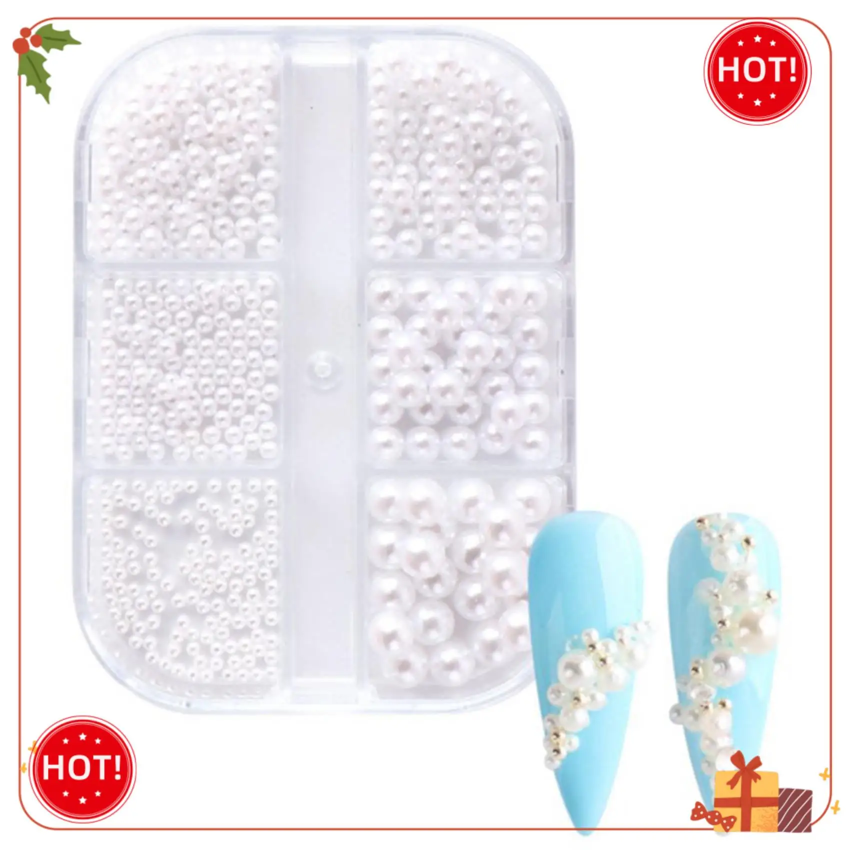 ABLE-1Box decoraciones de perlas, dijes para uñas, piezas redondas blancas para uñas, bolas de cuentas de acero dorado, joyería, accesorios para decoración de uñas