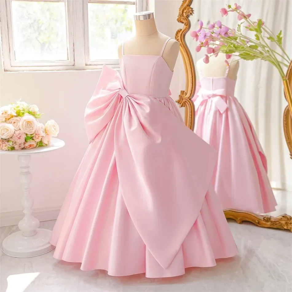 Elegant Girls Pink Satin Spaghetti Strap Long Pageant Dress Big Bow Formal Flower Girl Wedding Evening Party Prom Gown ASQ03