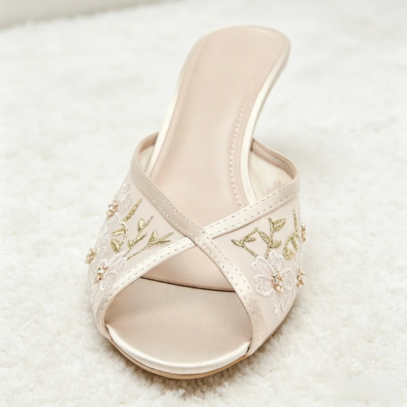 

Сексуальные летние женские босоножки с открытым носком на высоком каблуке, новые элегантные туфли-мюли с цветочной вышивкой и сеткой, дизайнерские туфли для вечеринок и свадеб