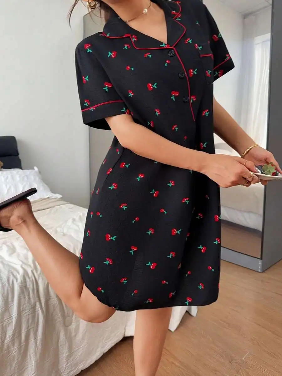 

Cherry Print Short Sleeve Sleep Dress With Pocket Women Nightgown For Spring Summer