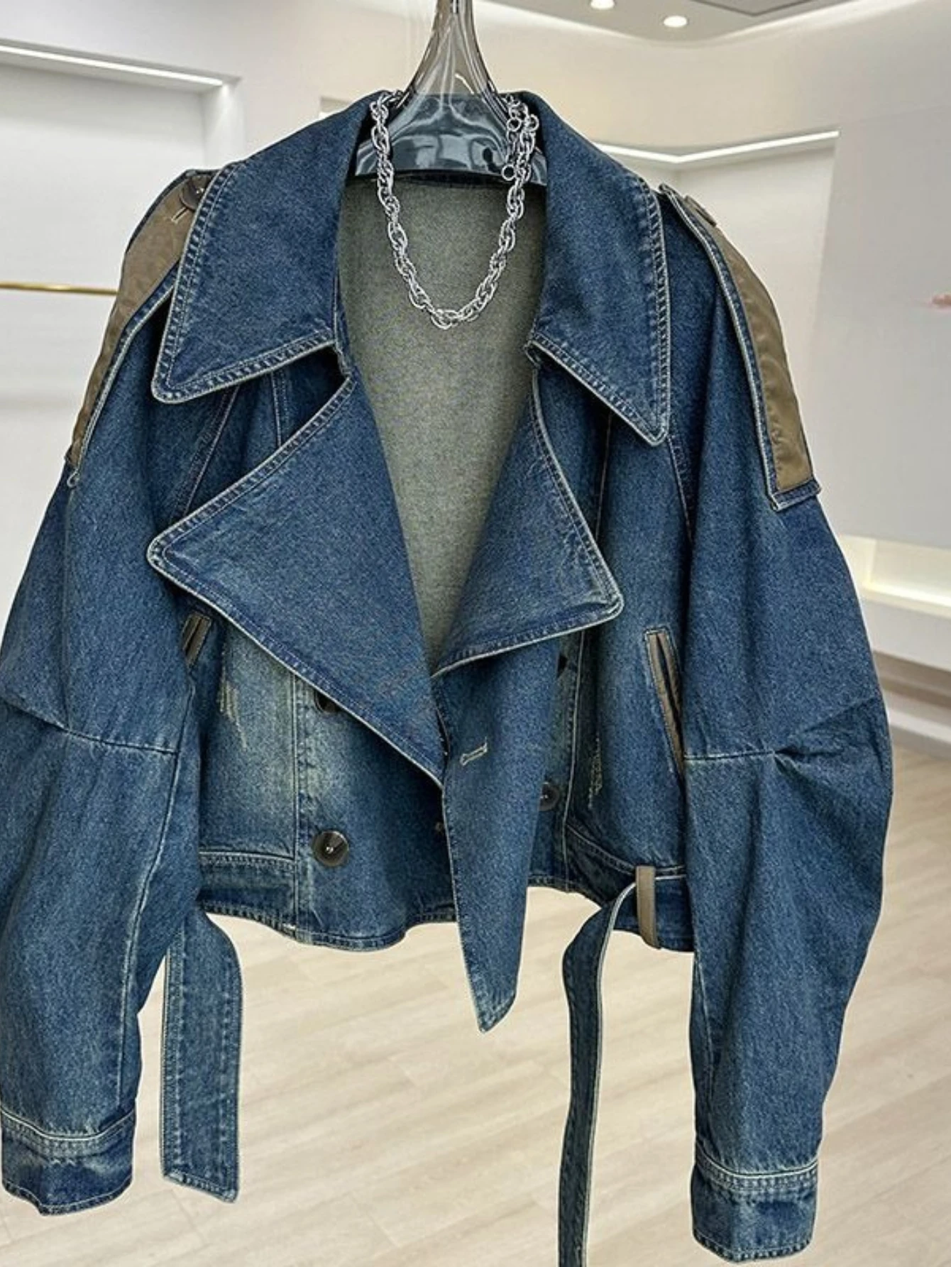 Retro Patchwork Denim Kurze Jacke Damen Locker Lässig Streetwear