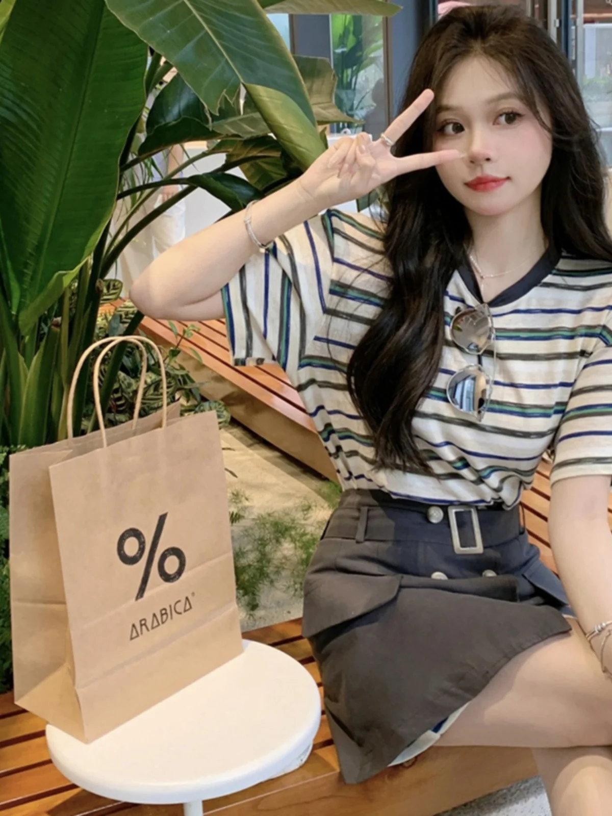 

Chic Summer 2023 Women's round Neck Striped T-Shirt High Waist Belted Short Skirt Fashion Set Sexy Contrast Color Block Design