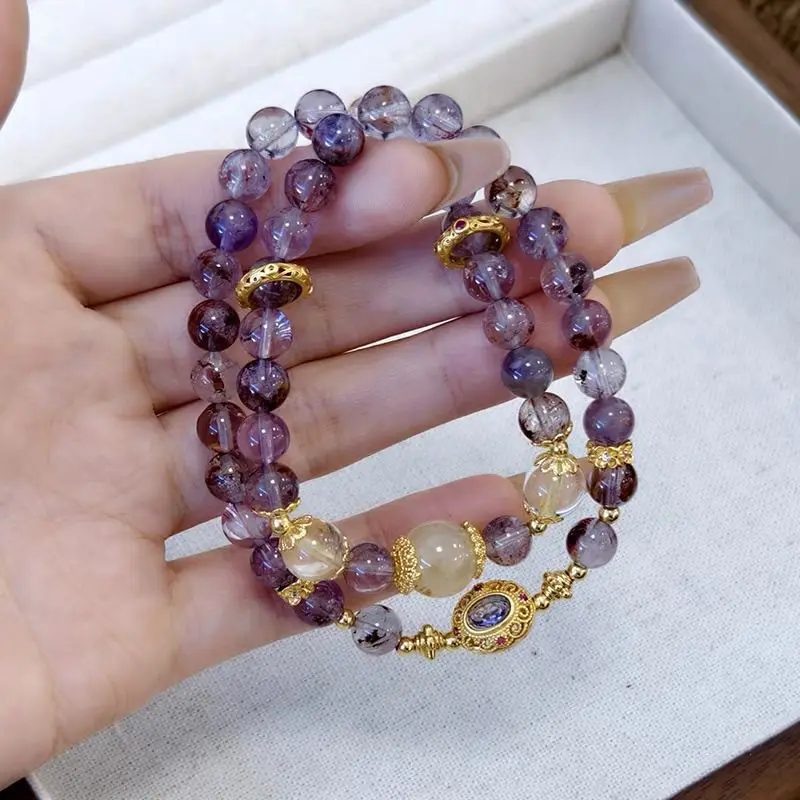 

Новый двухслойный браслет из натурального фиолетового рутилированного кварца в китайском стиле, роскошные нишевые изысканные украшения из бисера