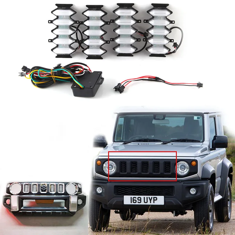 

NEW-4Pcs Front Grille Upgrade LED Lamps White & Amber Light Rhombus Decorative Lights For Suzuki-Jimny JB64 JB74 2019 2020