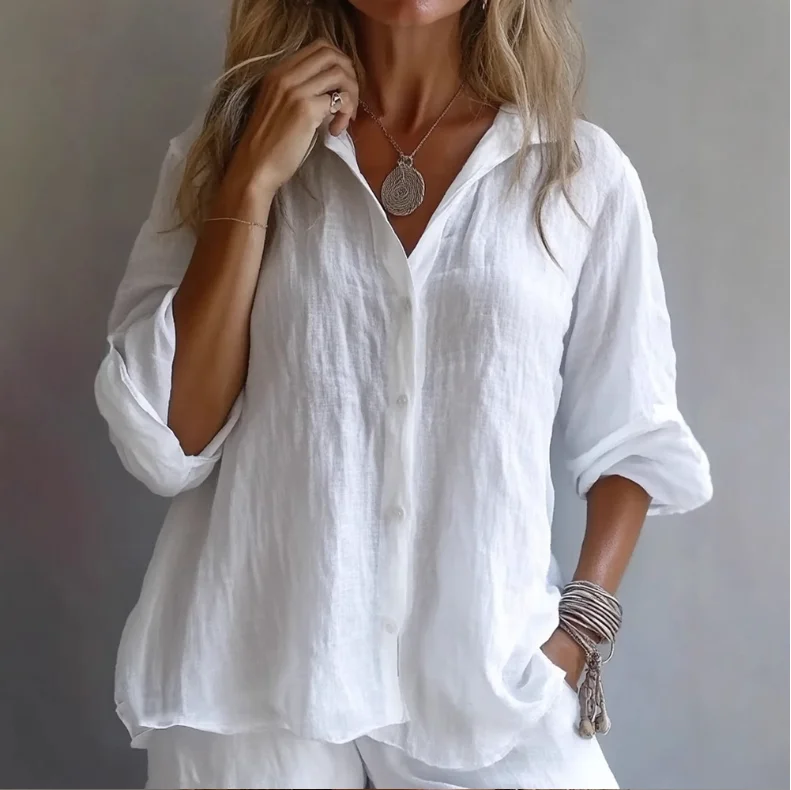 

Spring Summer New Women Elegant Long Sleeve Pure Color Casual Shirt Cotton Linen Button Up Female Top