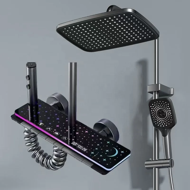 Aluminium Gray Thermostatic Shower Faucet Set Smart Digital Display Bathroom Tap System Hot Cold Rain Apartments Polished