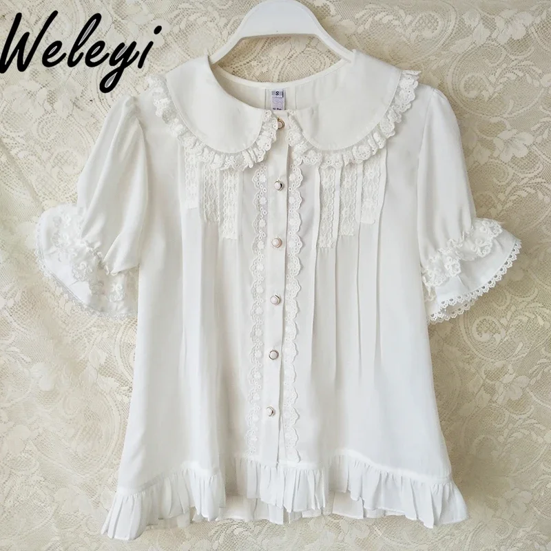 Original Lolita Woman Clothing Jirai Kei Short Sleeve Pleated Shirt Princess Loose Doll Collar Chiffon Versatile Shirts Femmes