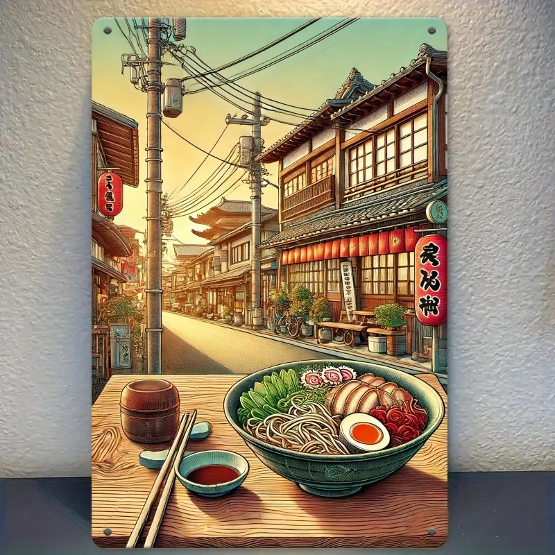 Una placa metálica plana bidimensional con una escena culinaria japonesa retro es un regalo ideal para chefs o amantes de la comida.