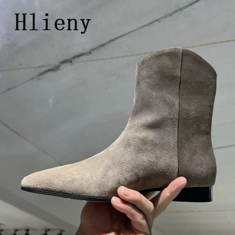 Hlieny Otoño Invierno puntiagudos botines De Mujer moda gamuza cuero diseñador tacón bajo Botas modernas Zapatos De Mujer