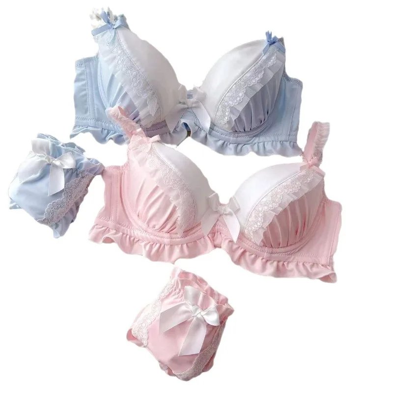 Lingerie primaverile ed estiva, set di biancheria intima per ragazze dolci e carine, stampa bordo in pizzo sottile dell'anello in acciaio, reggiseno raccolto di grandi dimensioni