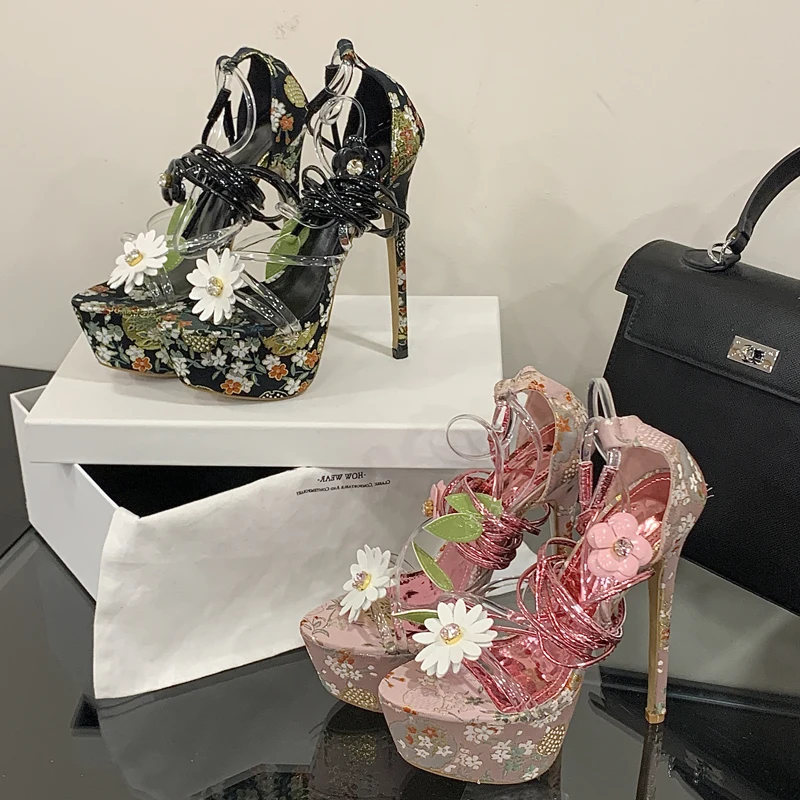 

Aneikeh Ethnic Style Cross Straps High-heeled Sandals 2026 Fashion 16CM High-heeled Platform Women's Banquet Shoes