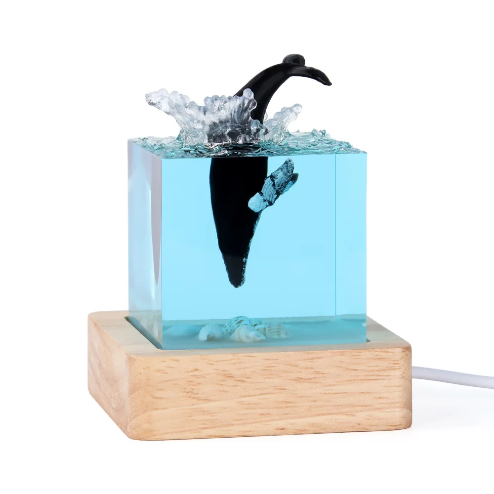 Lampe de Table en Résine en Forme de Cube, 5cm, Décoration Artistique Créative, Organisme Marin, Thème Requin Baleine, Veilleuse, Charge USB