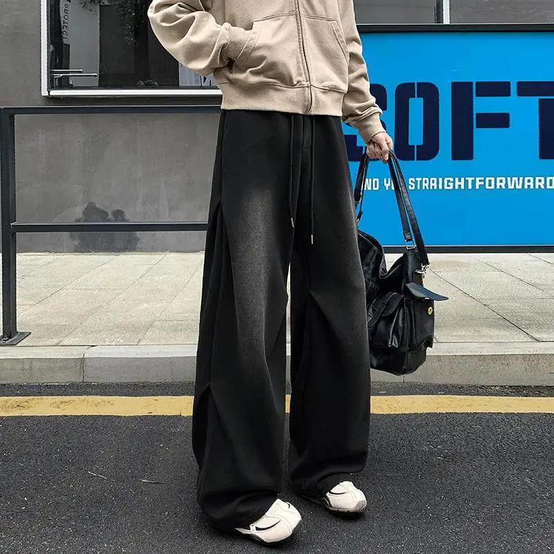 

American Waed Distred Wide Leg Pants Men's Casual Straight Leg Trousers Deconstructed Loose Fit High Street Versatile