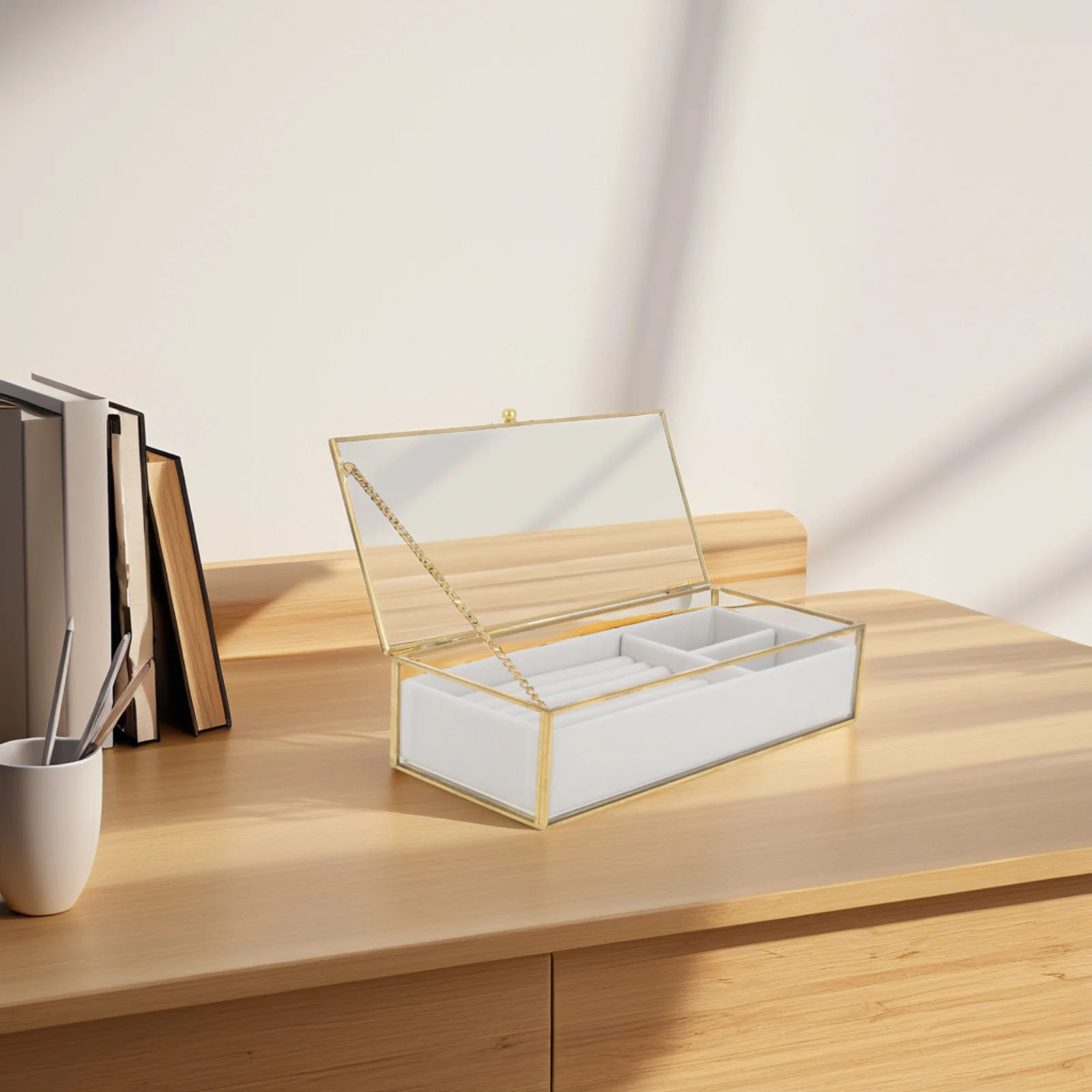 صندوق مجوهرات زجاجي للنساء، علبة عرض شفافة بإطار ذهبي عتيق، منظم مجوهرات، حامل قلادة وحلق