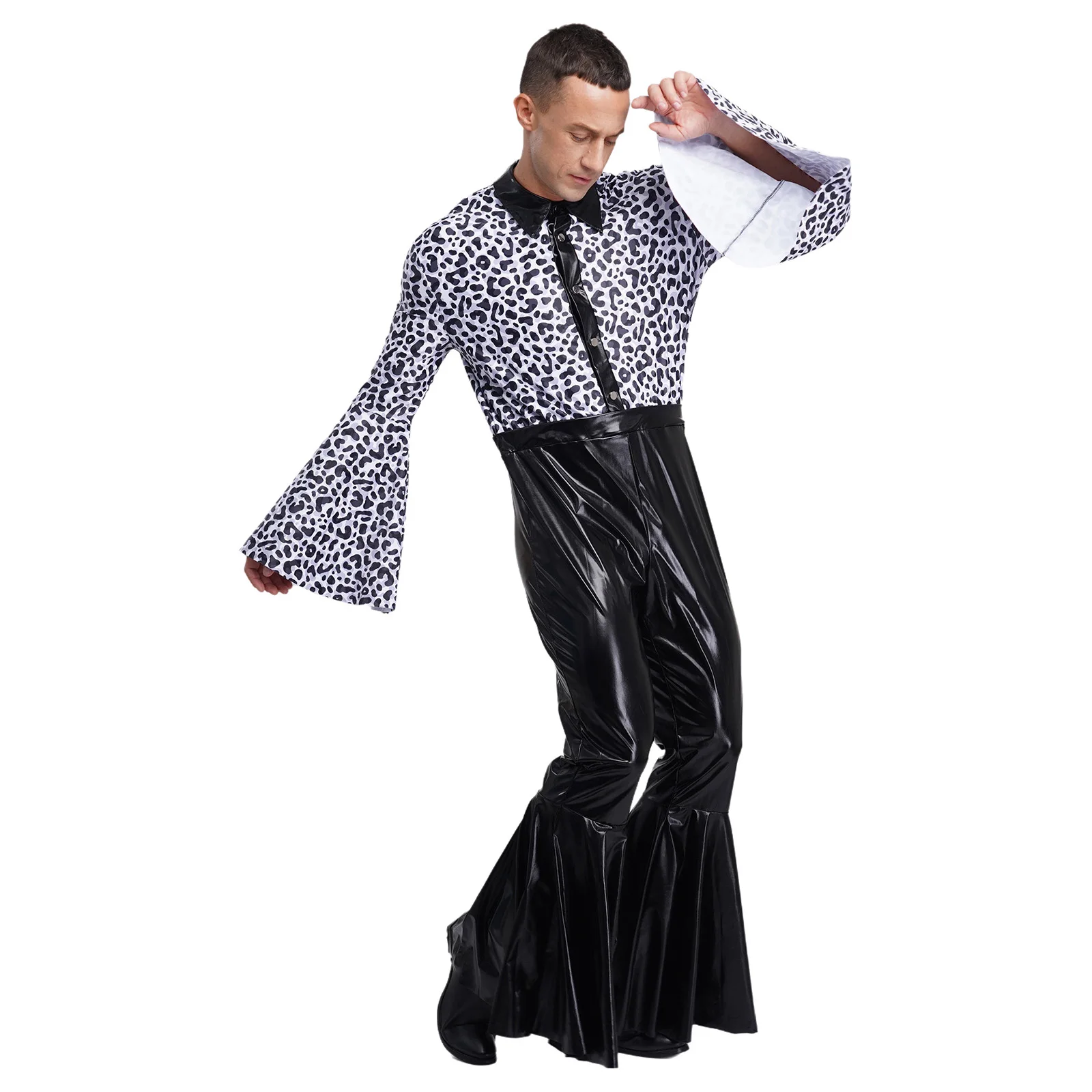 

Men's Stylish Printed Vintage Hippie Disco Party Dance Outfits Shiny Fashion Flared Bodysuit for Halloween Party Dance Costumes