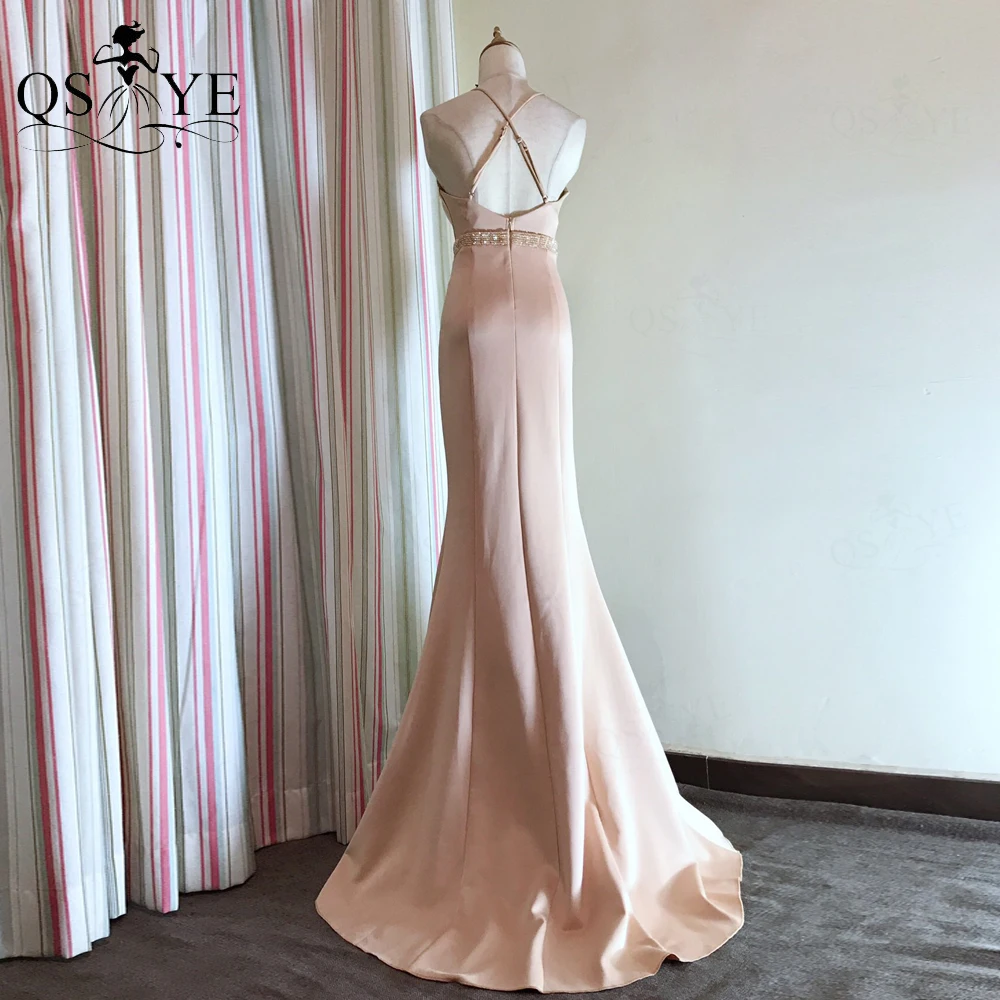 QSYYE Champagner Meerjungfrau Abendkleider Mit Rüschen Besetzte Lange Abendkleid Spaghetti-trägern V Party Kleid Kristall Perlen Sash Brautjungfer Kleid