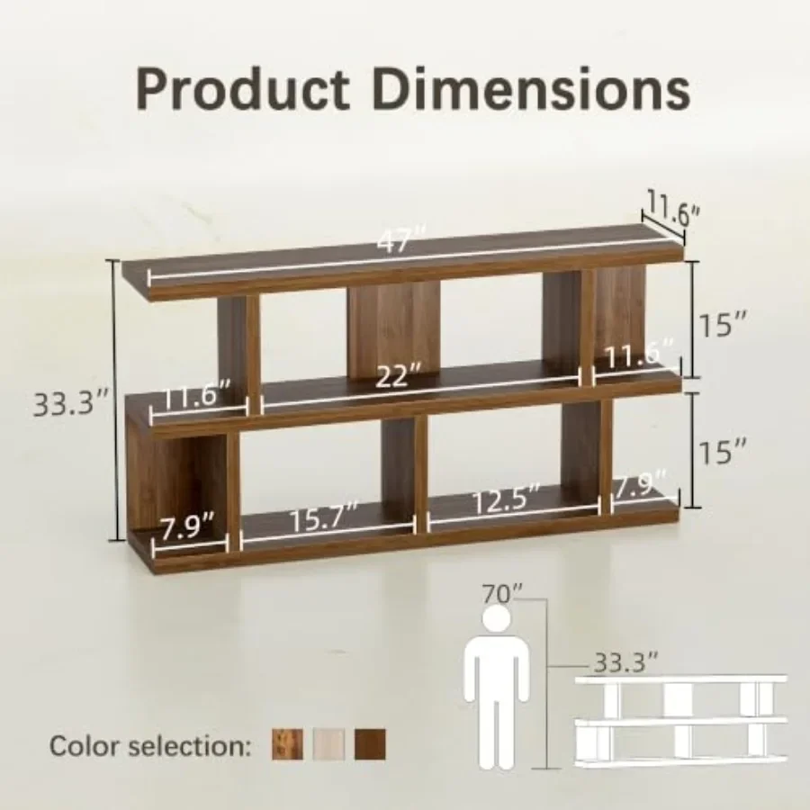 47 Low Bookcase for Living Room, Engineered Wood in Light Gray, Space-Saving Horizontal Storage with Adjustable Shelves