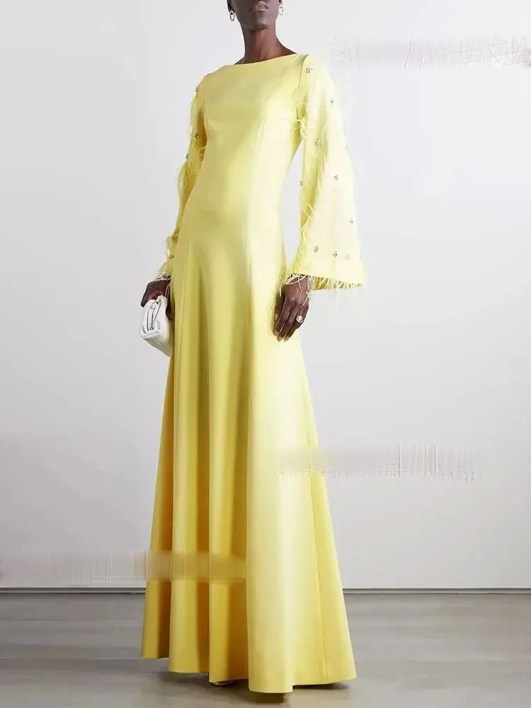 

Feathers Evening Dress For Sexy Women فساتين سهرةVestidos de festa A-Line Elegant Long Sleeves Cocktail Party Prom Gown 2024