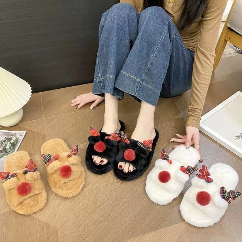 Warm Fashionable Home Slippers Soft Soled Christmas Reindeer Shoes Winter Indoor Household Cartoon Cotton Slippers Slides Women