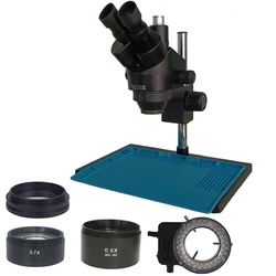 3.5X-90X Cool Black Trinocular Stereo Microscope Focus With 2x 0.7x 0.5x Objective lens Big Table Stand For Phone PCB Repair