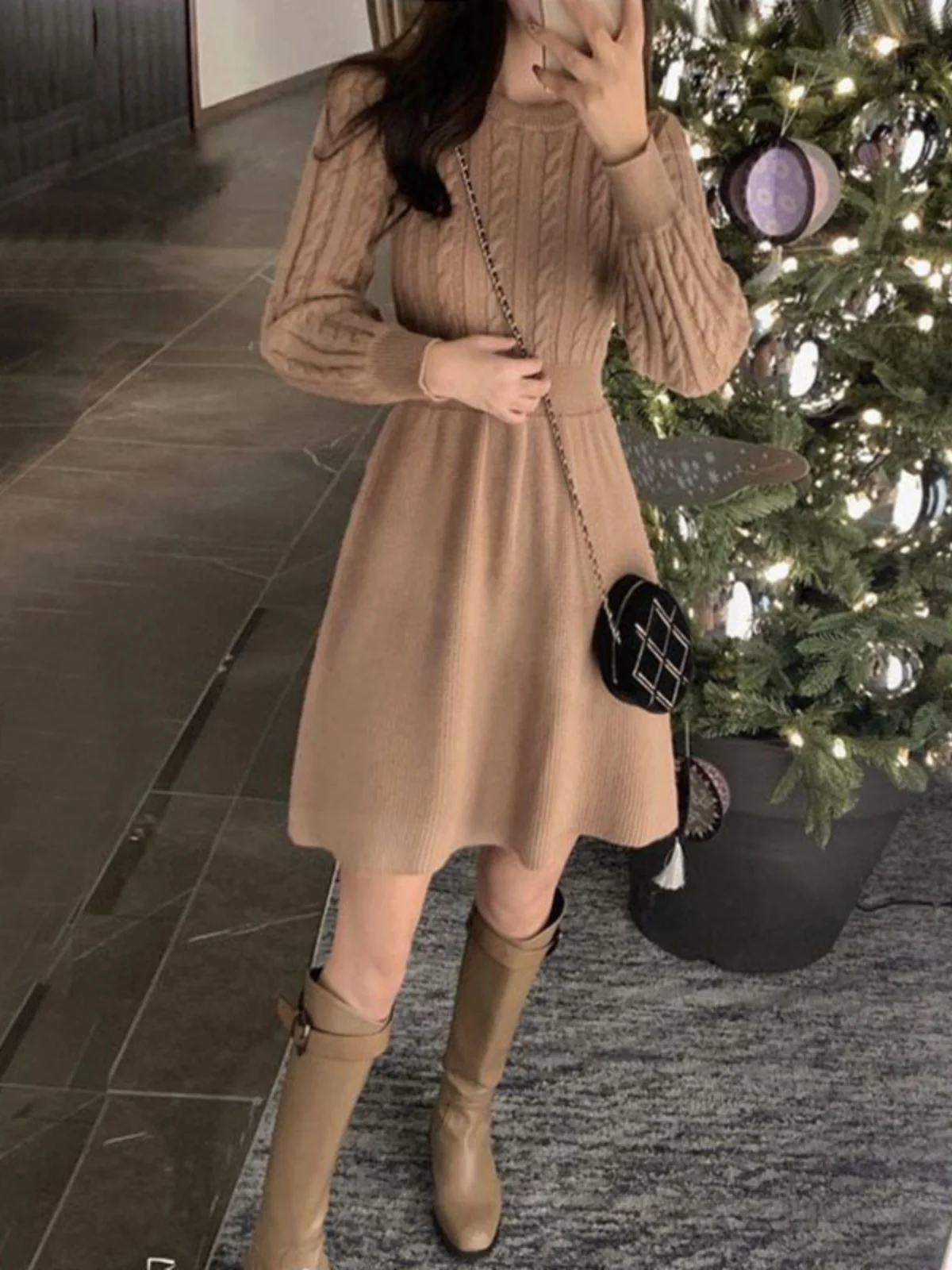 Slim Fit Knitted Dress High Waist Long Sleeve Versatile Base Layer Shirt Waist Cinching A-Line Sweater Dress for Autumn
