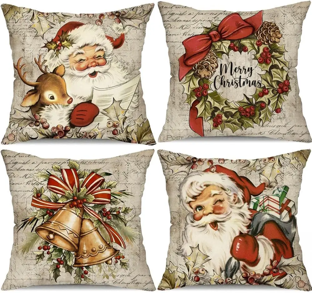 4pcs Vintage Christmas Pillow Covers 18x18 - Santa Reindeer Farmhouse Decor for Couch, Winter Throw Pillows