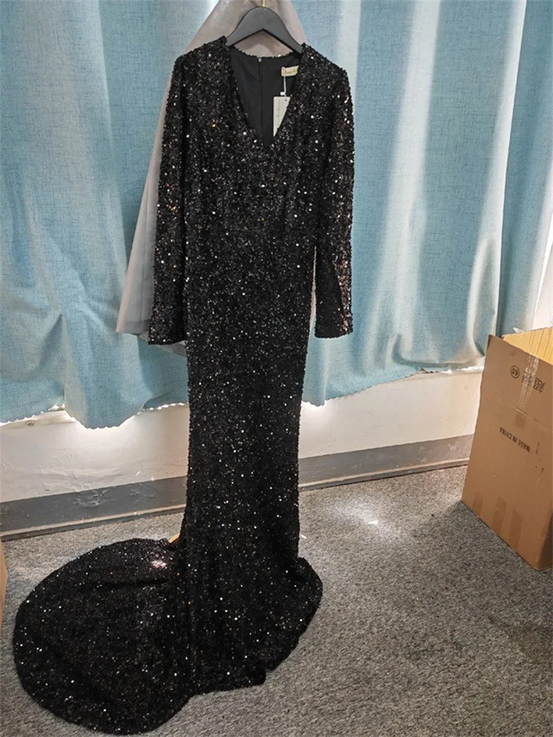 Robe de soirée à paillettes pour femmes, col en V profond, longue queue, taille serrée, robe de soirée élégante, gris, noir, plus récent, en stock