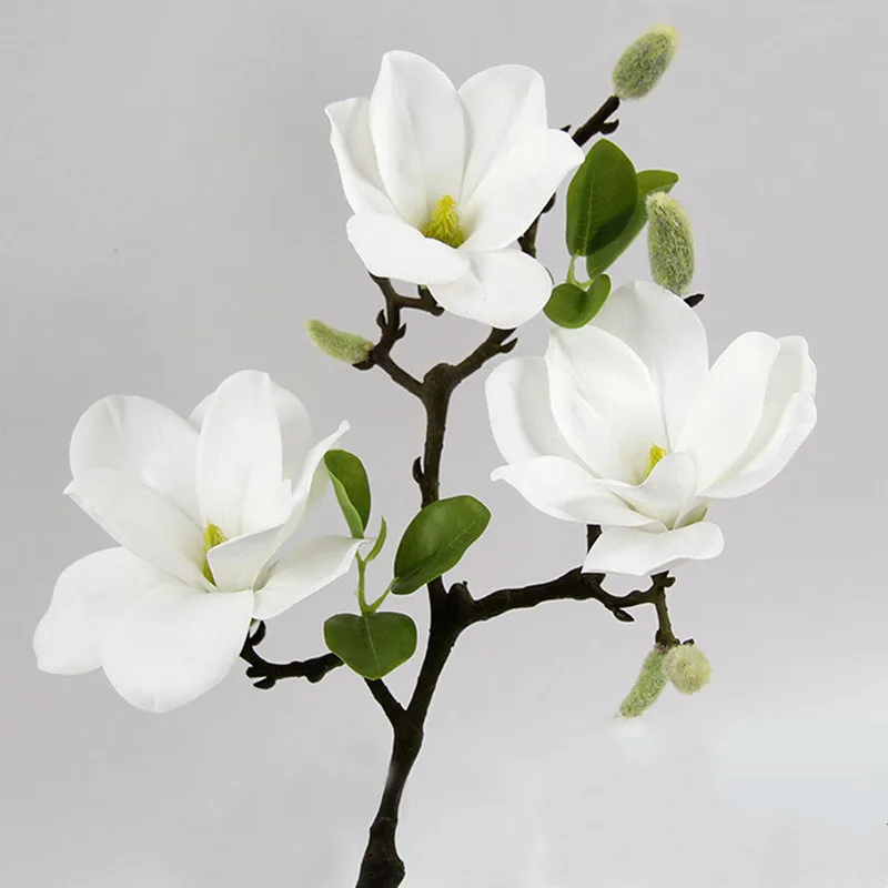 Beautiful Artificial Magnolia Flowers, Real Touch, 3Heads/Branch, Wedding Room Decoration, Party Table Decor