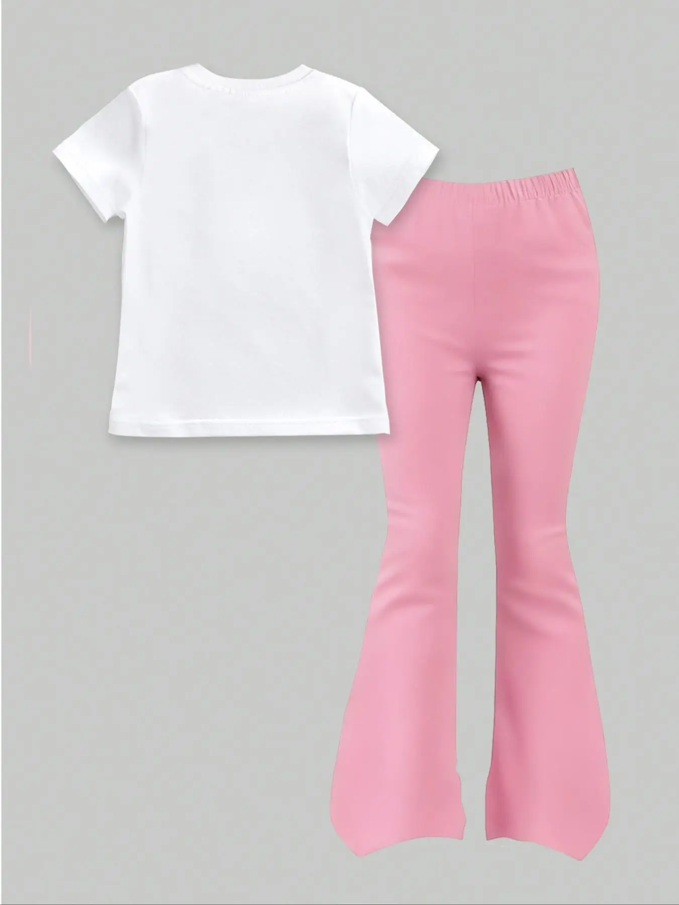 4-12Y Girls' Regular Short Sleeve and Flared Pants Two-Piece Set - Bruh67 Sweet Pink Style Regular Round Neck Casual Comfortable White Short Sleeve with Pink Flared Pants Two-Piece Set