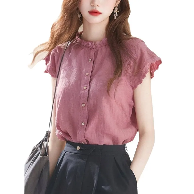 2025 New Streetwear Ruffle Edge Stand Up Collar Fly Sleeve Shirt Women Summer Unique Beautiful Short Sleeves Sweet Tops Women's