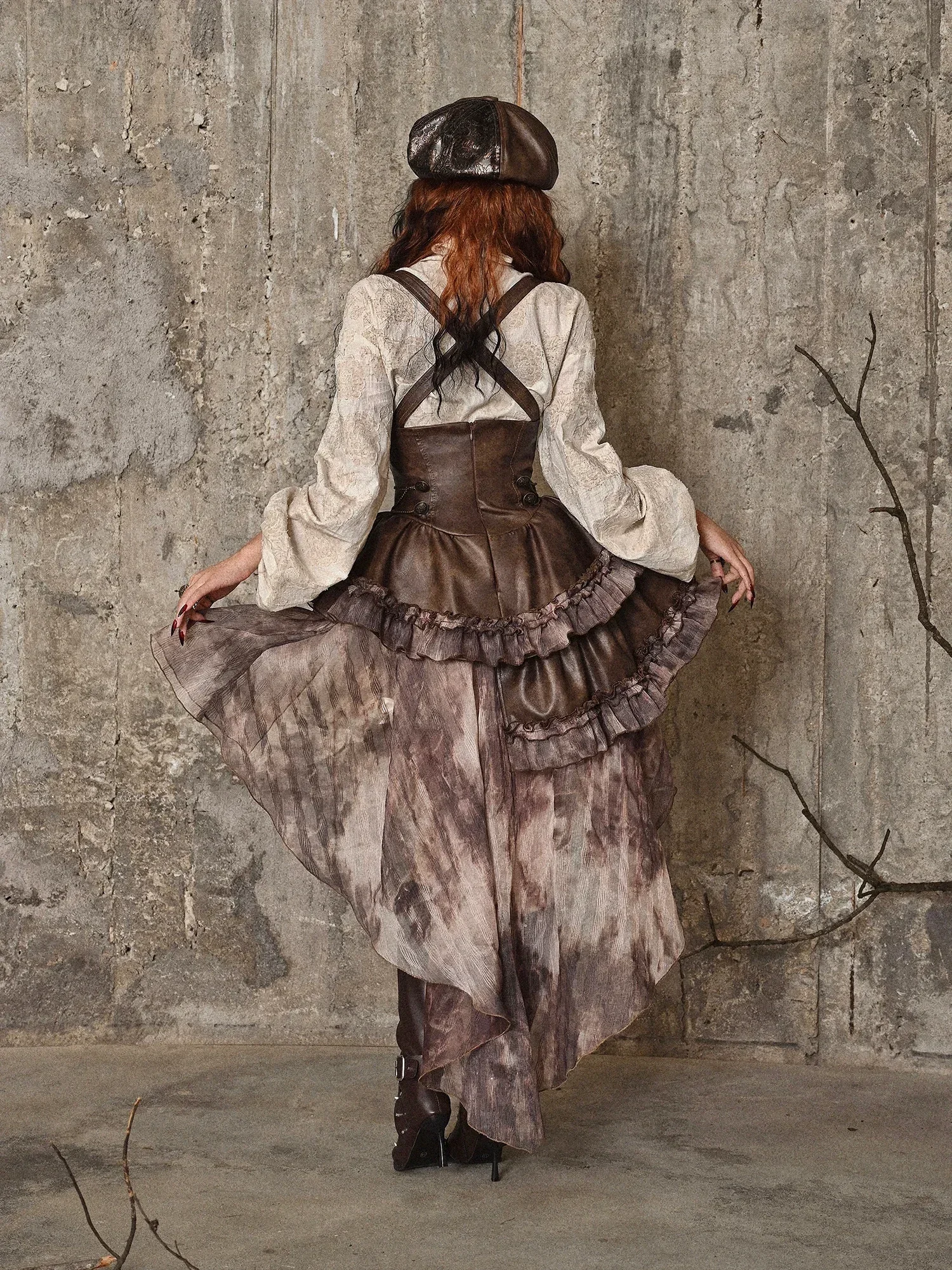 Blood Supply Original Dark Steampunk Asymmetric PU Autumn Maillard Chest Strap Trail Dress Brown Light Lolita Suspender Dress