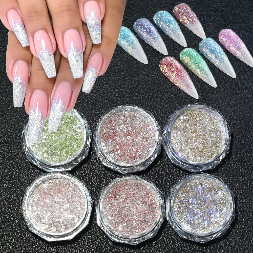 6Jars/Set Reflective Crushed Diamond Nail Powder Sparkly Star Drill Chrome Pigment Holographic Micro Glass Manicure Decorations