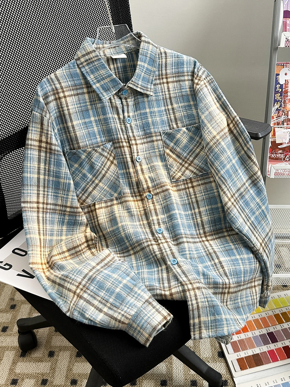 

Summer Vintage American Plaid irt Men's Long Sve Loose Trendy Brand Couple Outerwear Waed Proc Youth ular