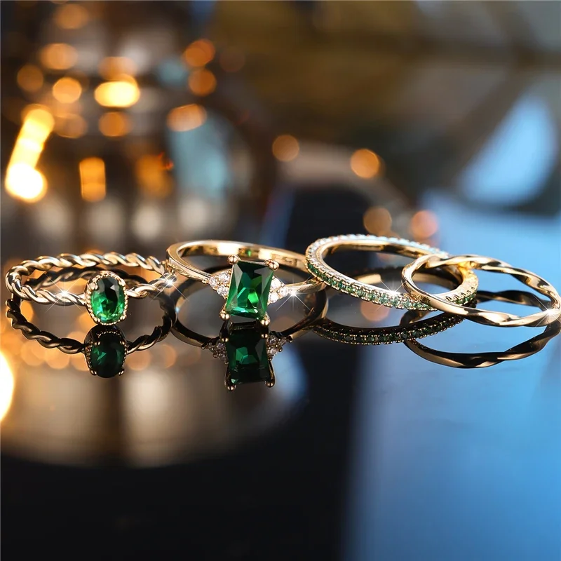 Luxury Female 4pcs Green Zircon Stone Ring Set Trendy Yellow Gold Color Engagement Cute Bride Wedding Jewelry Gift for Women