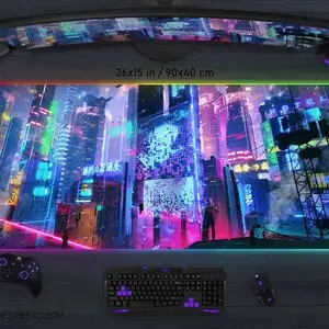 베이퍼웨이브 게이밍 데스크 매트 RGB LED 마우스패드 시티 네온 사인 일본 애니메이션 빅 XL 데스크매트 마우스 패드 대형 XXL 테이블 게이밍 PC