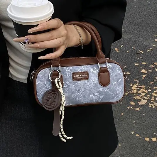 

JIAERDI Cute Cartoon Print Bowling Handbag Women Zipper Color Block Square Shoulder Bag Ladies Chic Commuter Crossbody Bags 2025