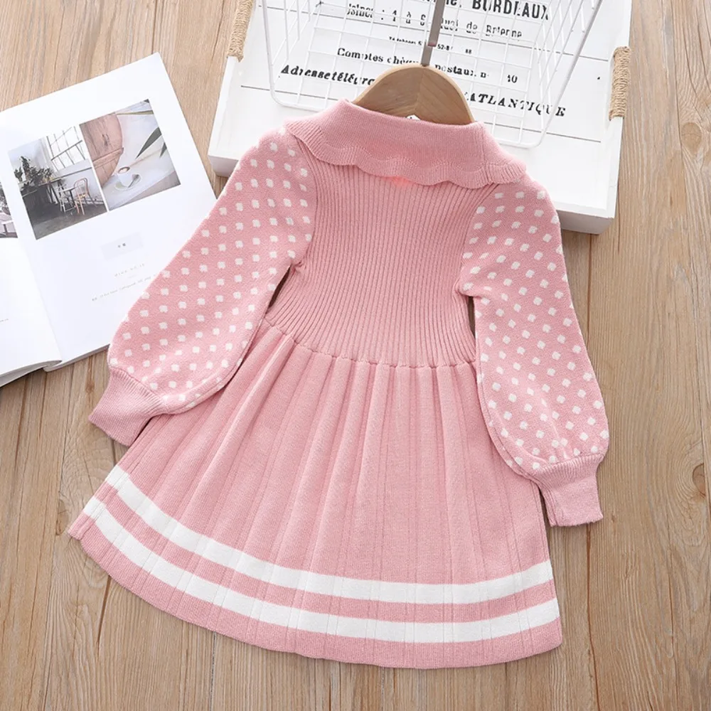 Autumn and Winter Pink Sweet and Cute Girl Knitted Dress with Lapel Pearl Buckle Polka Dot Decoration College Style