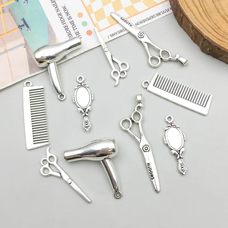 Antique Silvery Barber Tool Charms Hairdrier Scissors Comb Makeup Mirror Shape Pendants For Jewelry Making Findings Craf