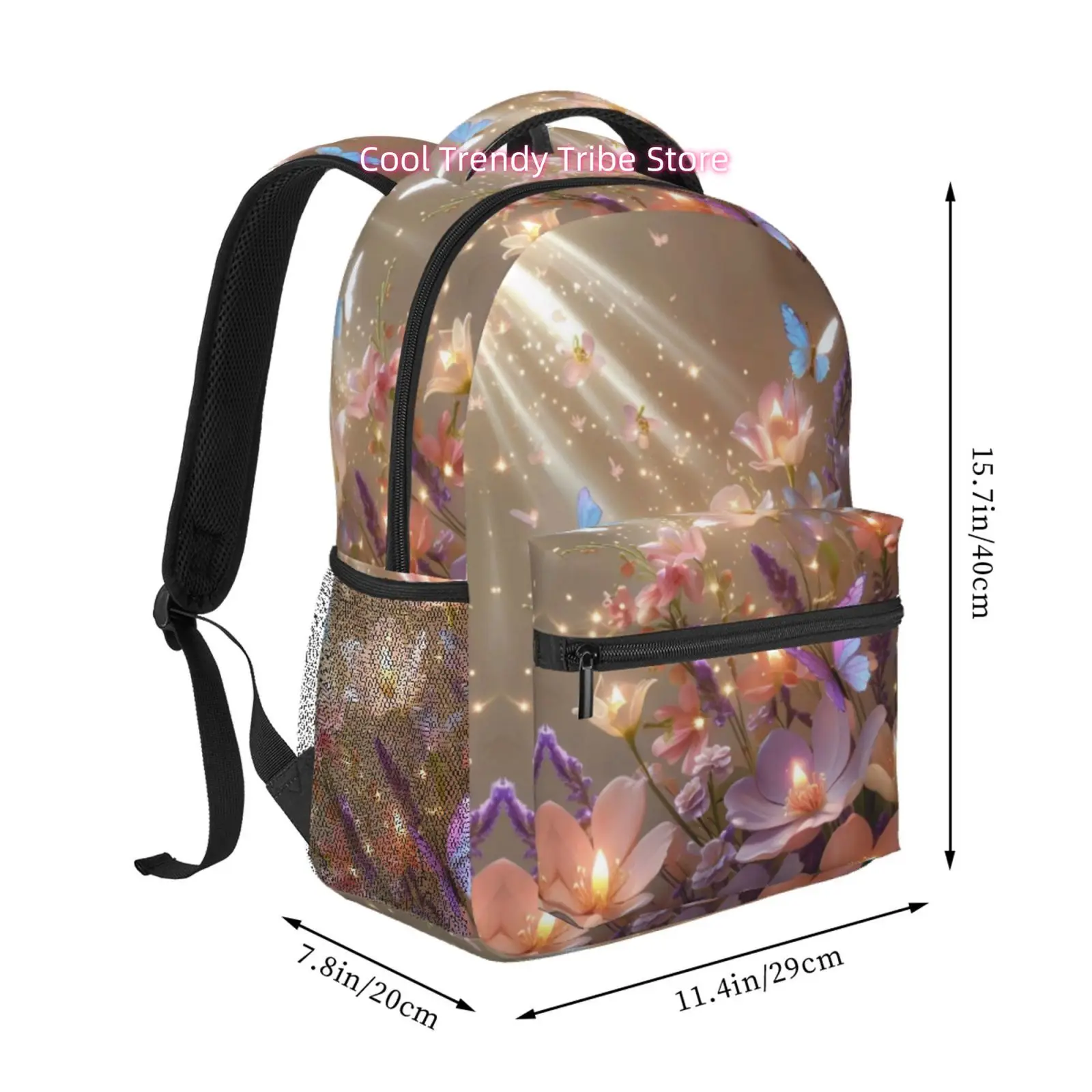 Enchanted Garden with Glowing Flowers and Butterflies Print Backpack, Oxford Cloth Adjustable Strap Casual Daypack, for Work Off