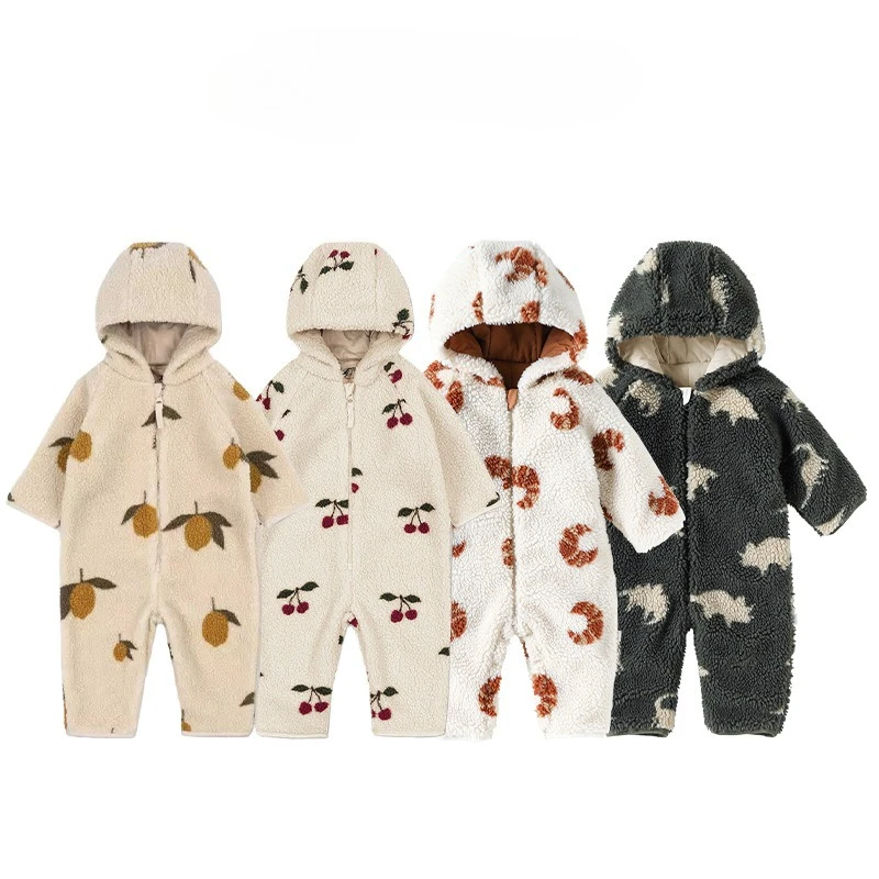 

winter baby boys and girls hooded onesie warm fleece zipper rompers climbing clothes outerwear
