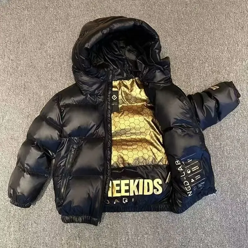 Winter jacket for Boys Girls Medium Length Down Jacket Black Thickened Zipper Hooded Coat Big Childrens Kids Jacket